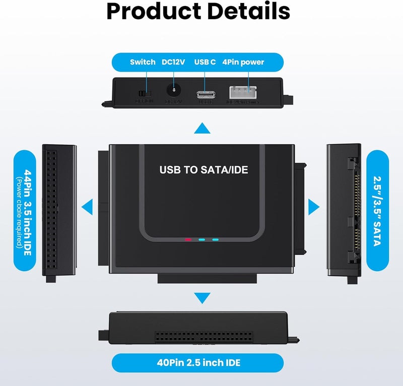 DELXING USB 3.0 to IDE SATA Adapter, USB Type C Hard Drive Reader External HDD Converter for 2.5/3.5 inches IDE SATA HDD SSD, 12V/2A Power Adapter Included - Image 5